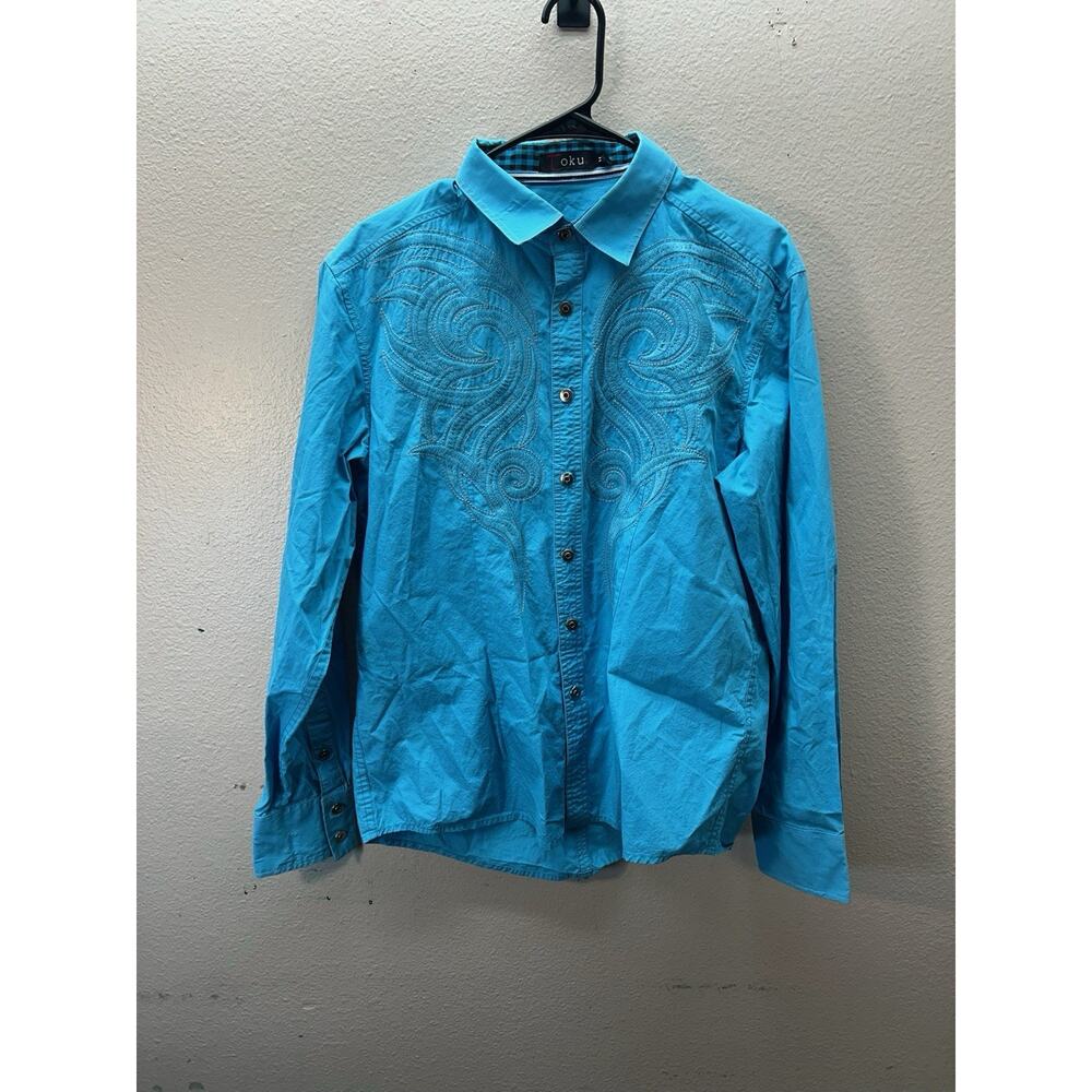 Toku Y2K‎ Button Up Shirt Mens SZ M Blue Embroidered Western Rodeo Ranch Angel